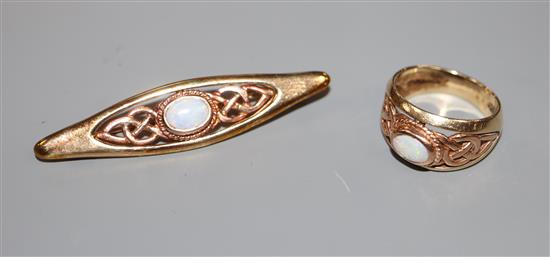 An opal and 9ct two-colour gold Celtic design brooch and ring en suite, ring size M, gross 11.2 grams.